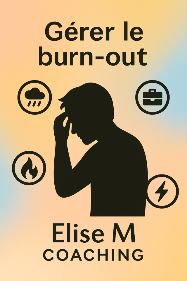 Illustration d’une personne entourée d’icônes stress/travail, symbolisant comment gérer le burn‑out et prévenir l’épuisement professionnel.
