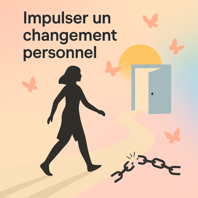 Illustration représentant une femme avançant sur un chemin en transformation, symbolisant le processus de changement personnel.