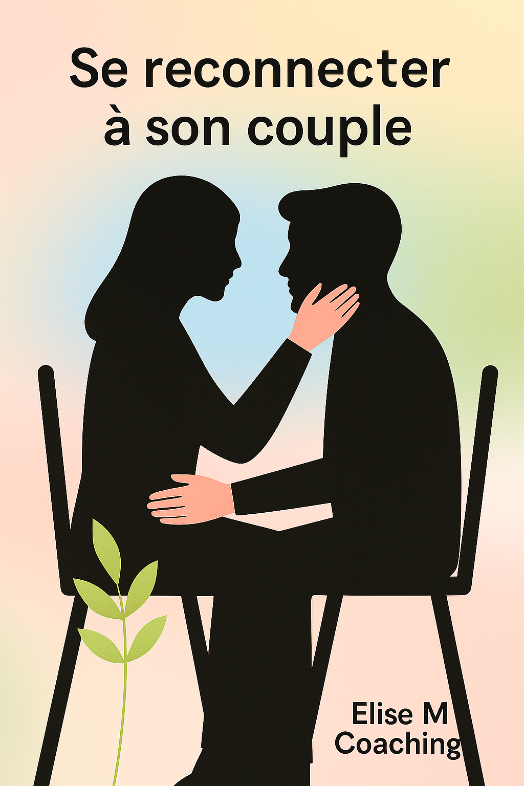 Illustration d’un couple assis face à face, se tenant tendrement, sur fond pastel. Texte : "Se reconnecter à son couple"