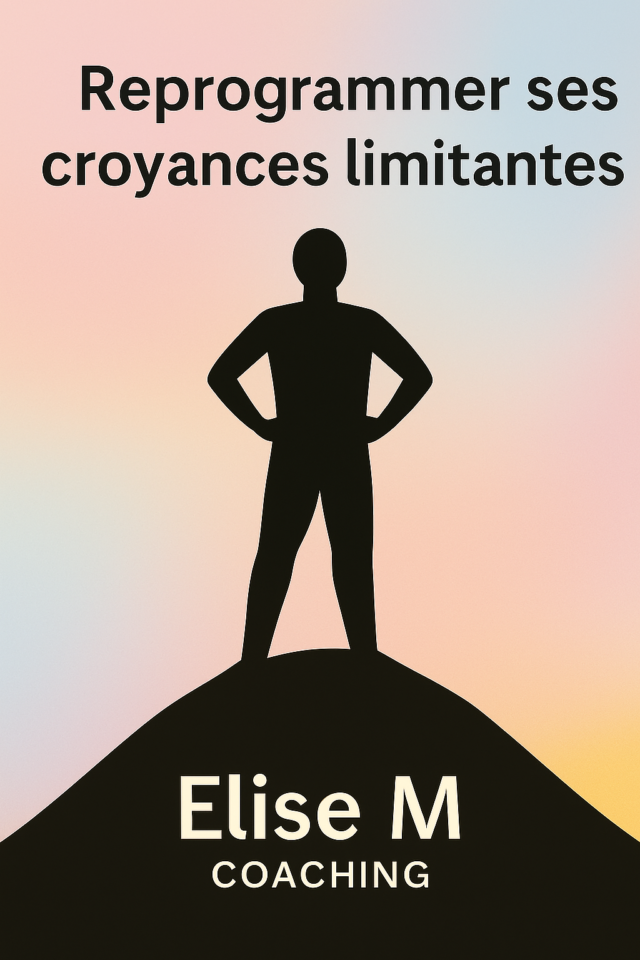 Illustration minimaliste représentant une silhouette en posture de victoire sur une montagne, symbolisant la reprogrammation des croyances limitantes avec le logo Elise M Coaching.