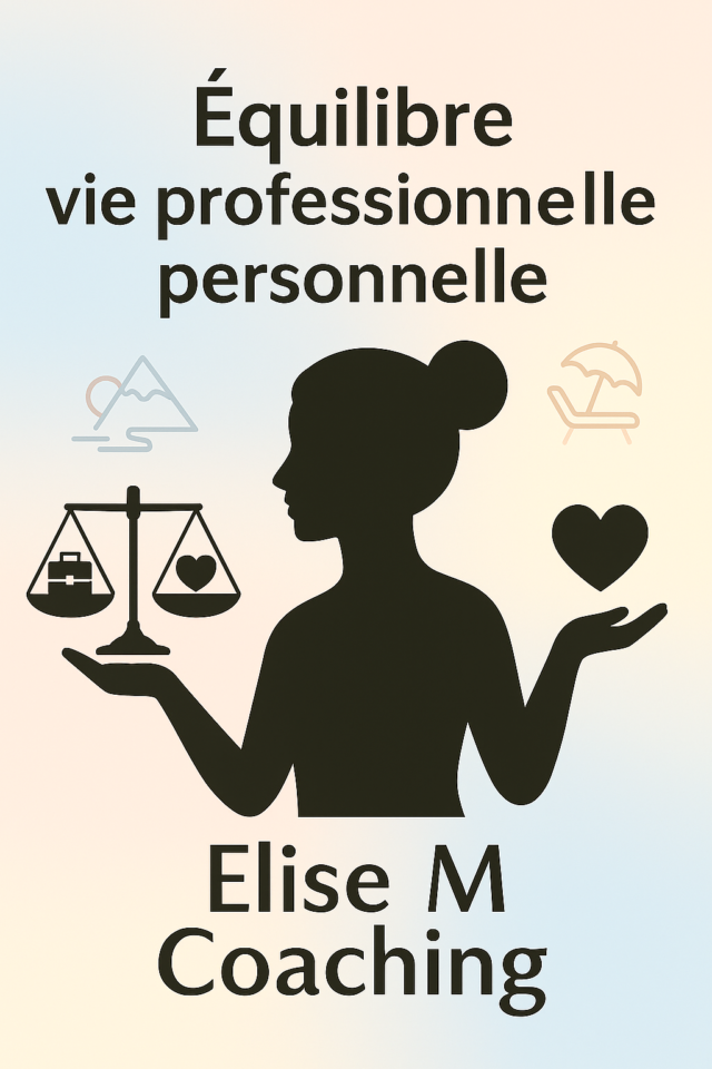 Illustration de l’équilibre vie professionnelle personnelle avec un personnage en harmonie entre travail et détente – Elise M Coaching.